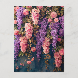 Postal Glicinas y Rosas Rosadas en Flor