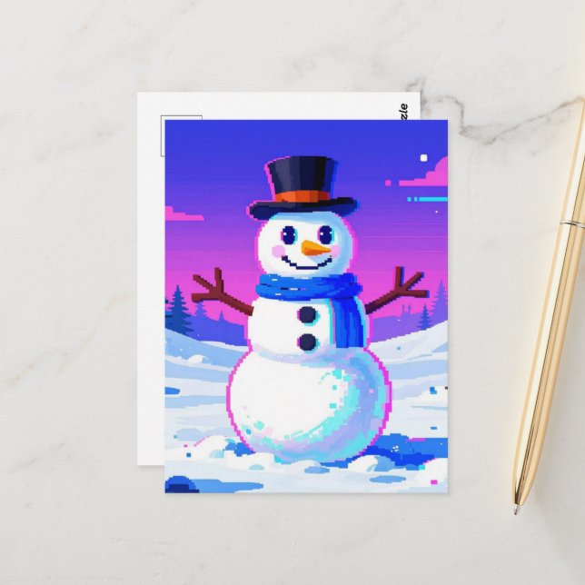 Postal Glitch del muñeco de nieve retro (Anverso/Reverso In Situ)