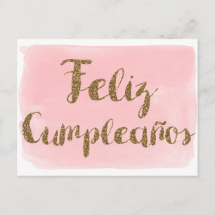 Postal Glitter Dorado Acuarela Rosa Feliz Cumpleanos