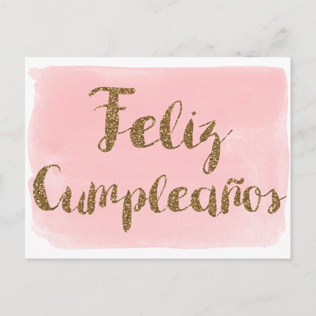 Postal Glitter Dorado Acuarela Rosa Feliz Cumpleanos (Anverso)