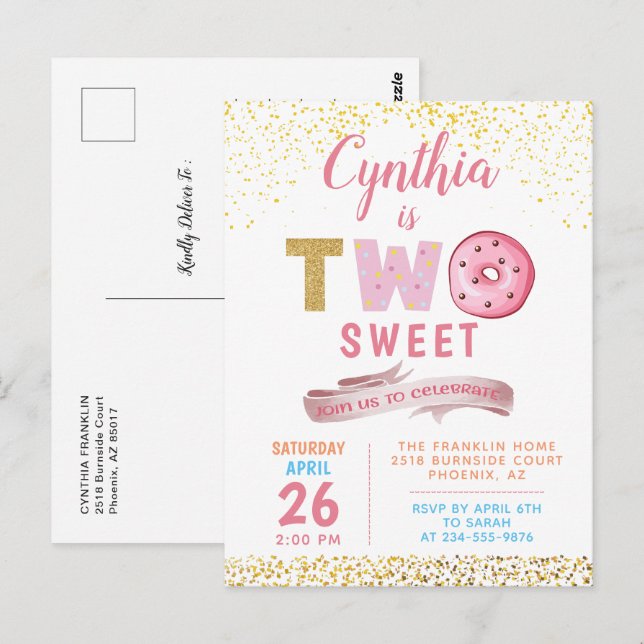 Postal Glitter Dorado Dos Donuts Dulces Niña Cumpleaños 2 (Anverso / Reverso)