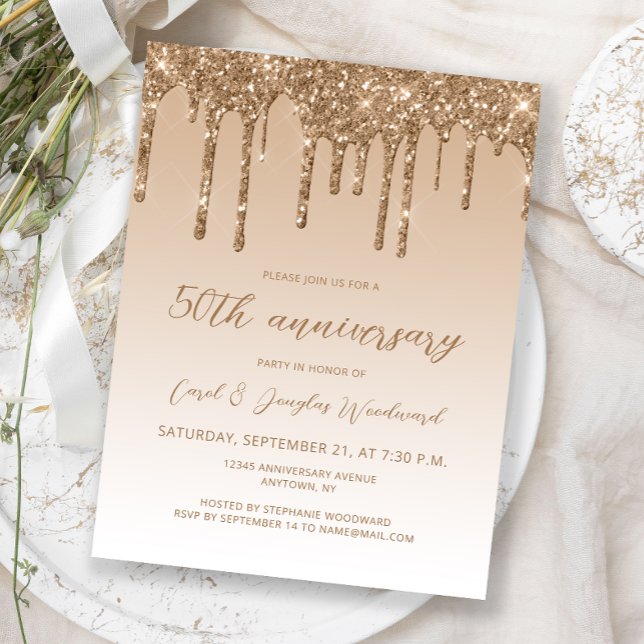 Postal Glitter Drip Gold Aniversario 50 Script (Subido por el creador)