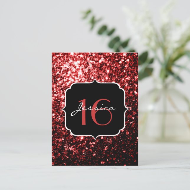 Postal Glitter falso rojo oscuro brilla Glamour Sweet 16 (Anverso de pie)