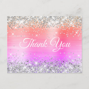 Postal Glitter Plateado Brillante Coral Rosa Hoja de Grac