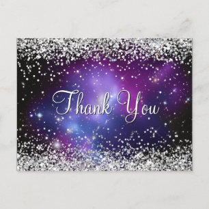 Postal Glitter Plateado Brillante Gracias Celestial Púrpu