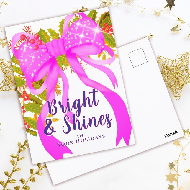 Postal Glittering Pink Ribbon Navidades (Glittering Pink Ribbon Christmas Design.)