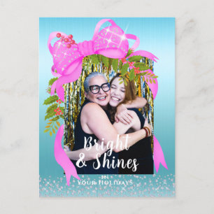 Postal Glittering Pink Ribbon Photo Navidades Blue
