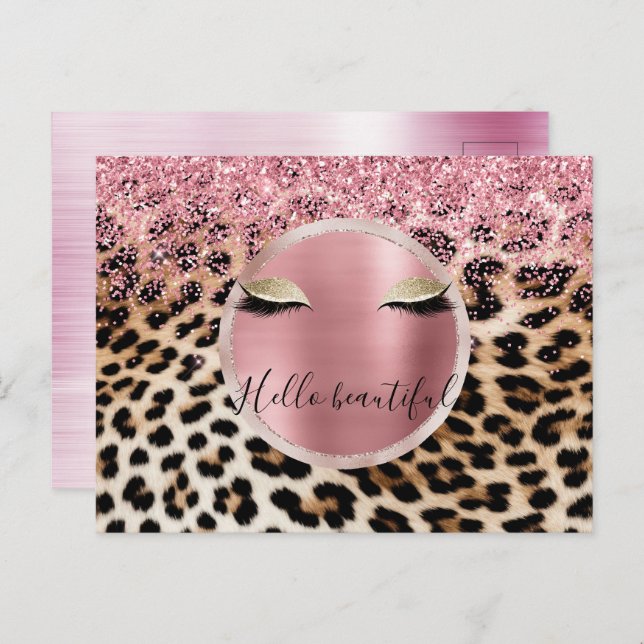 Postal Glitzy Purpurina Rosa Oro Eyelashes Leopardo (Anverso / Reverso)