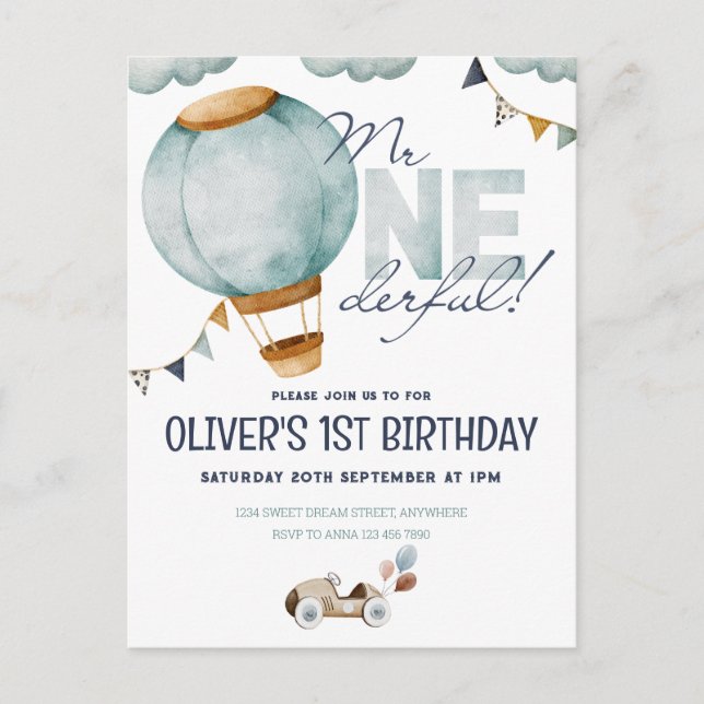 Postal Globo aerostático azul acuarela Mr ONEderful Boy (Anverso)