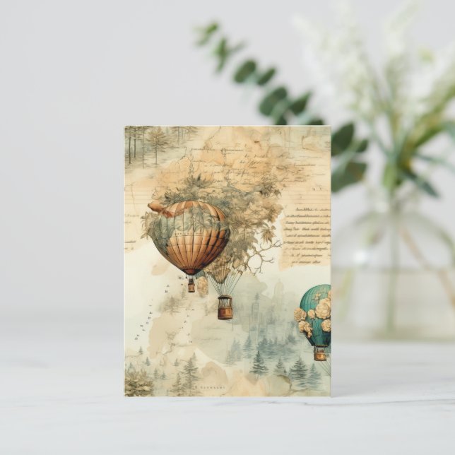 Postal Globo de aire caliente de época en un paisaje sere (Anverso de pie)