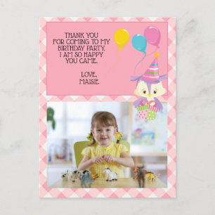 Postal Globo de búho rosa Gingham Cumpleaños Foto Gracias