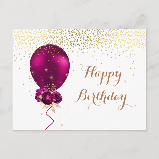 Postal Globo de cumpleaños floral con destellos (Anverso)