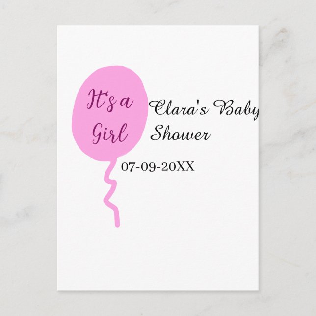 Postal Globo rosa es una ducha de bebé chica añadir fecha (Anverso)