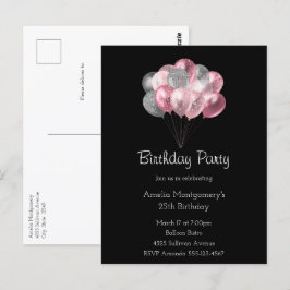 Postal Globos con purpurina rosa y plata Cumpleaños