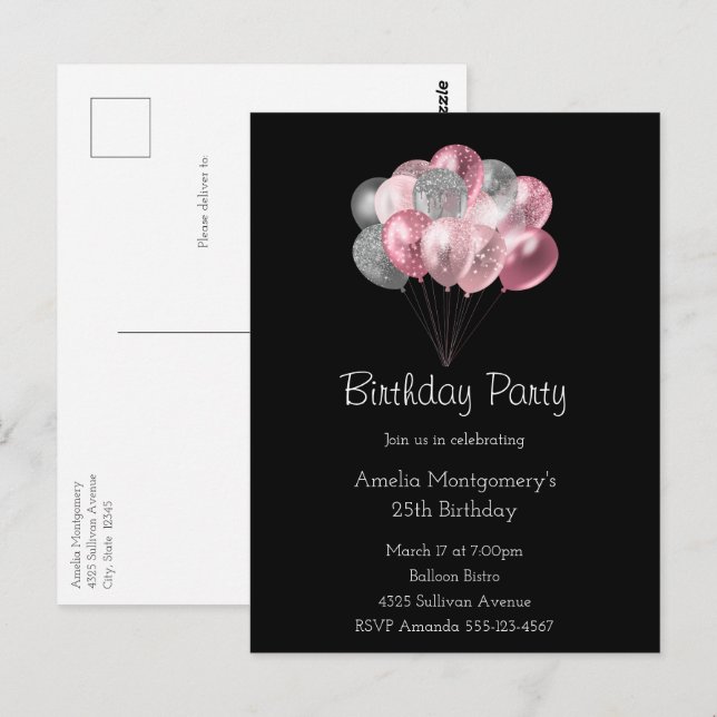 Postal Globos con purpurina rosa y plata Cumpleaños (Anverso / Reverso)