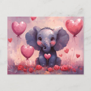 Postal Globos de corazón de ternera con elefante lindo