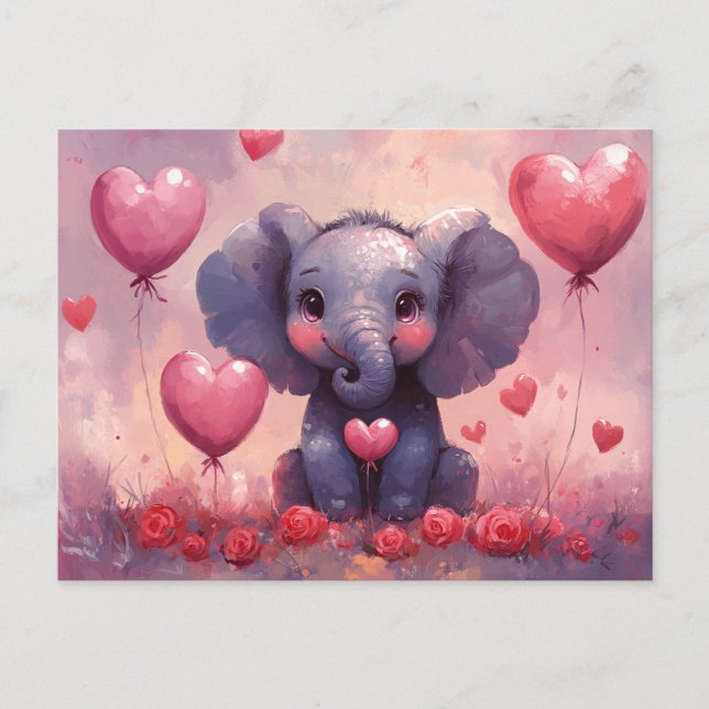 Postal Globos de corazón de ternera con elefante lindo (Anverso)