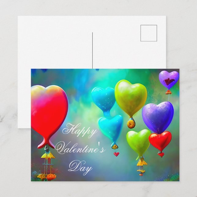 Postal Globos de corazón flotantes San Valentín (Anverso / Reverso)