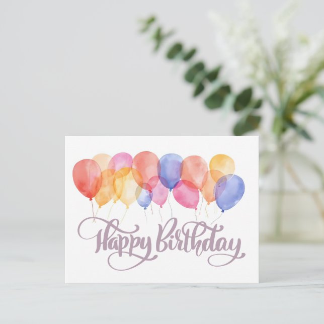 Postal Globos de Cumpleaños Acuarela Fiesta (Anverso de pie)