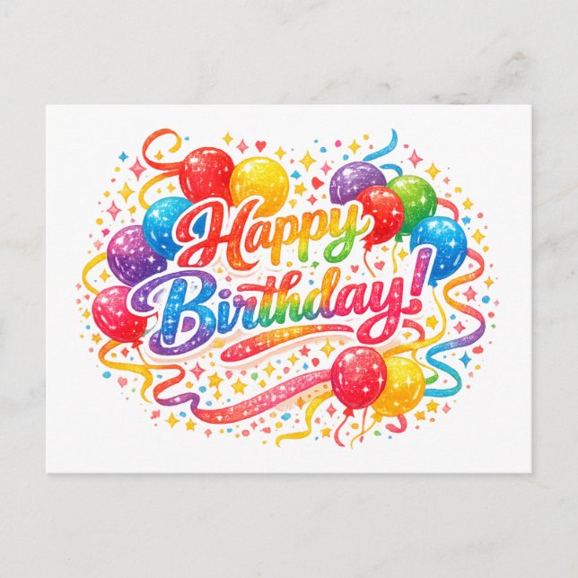 Postal Globos de Cumpleaños con Confeti de Arcoíris  (Anverso)