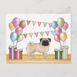 Postal Globos de cumpleaños pastel coloridos perro pug ce