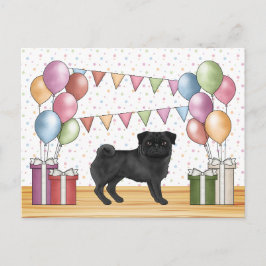 Postal Globos de cumpleaños pastel de color perro pug neg