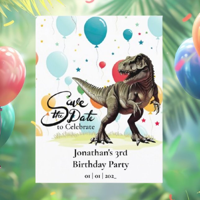 Postal Globos de Dinosaurio T-Rex Guarde la fecha  (Let’s Get Ready for the Dino Party!)