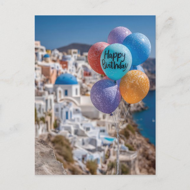 Postal Globos de Feliz Cumpleaños en Santorini, Grecia (Anverso)