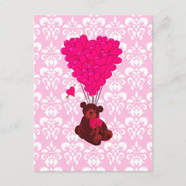 Postal Globos de oso y corazón en damasco rosa (Anverso)