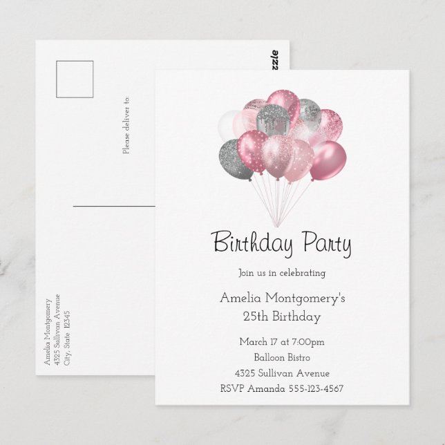 Postal Globos de Purpurina Ramo Rosa y Cumpleaños Platead (Anverso / Reverso)