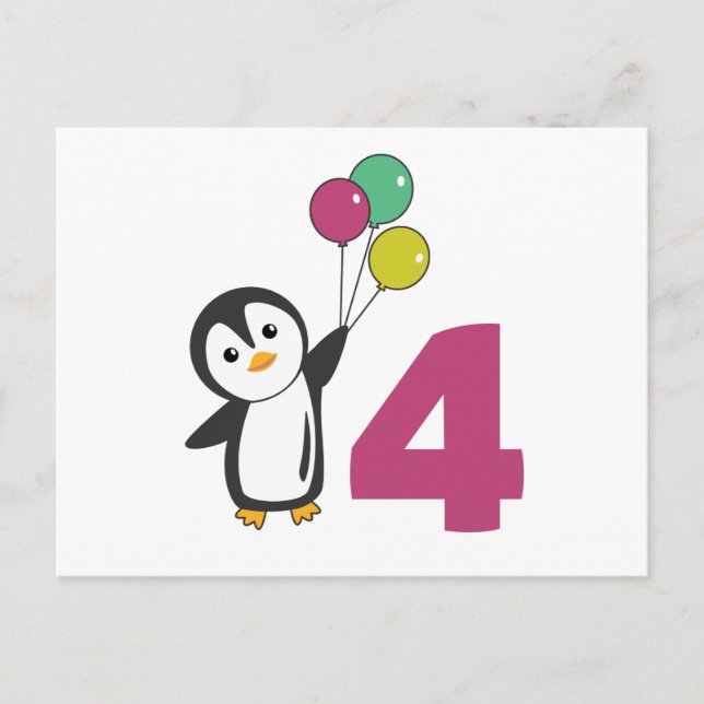 Postal Globos del cuarto cumpleaños del pingüino para niñ (Anverso)