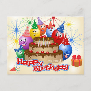 Postal Globos divertidos de cumpleaños y pastel de chocol