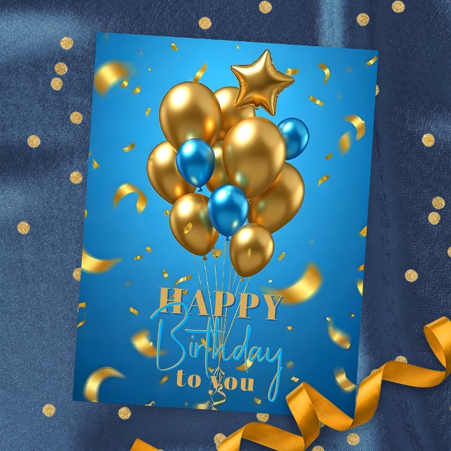 Postal Globos dorados y azules y cumpleaños de Confetti (Subido por el creador)