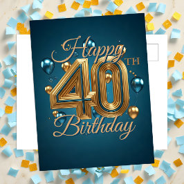 Postal Globos Elegantes de Azul y Dorado Cumpleaños 40