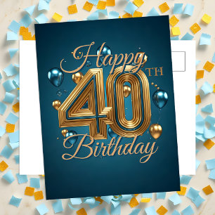 Postal Globos Elegantes de Azul y Dorado Cumpleaños 40