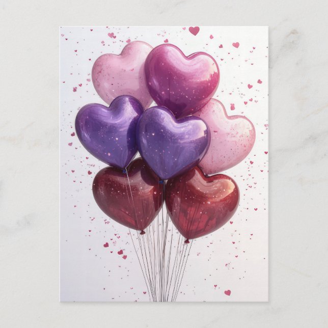 Postal Globos en forma de corazón saludo de San Valentín (Anverso)