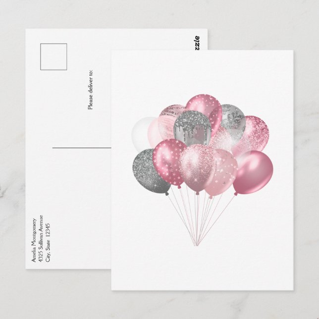 Postal Globos purpurinas rosa y plateado (Anverso / Reverso)