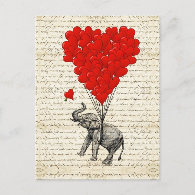 Postal Globos románticos del elefante y del corazón (Anverso)