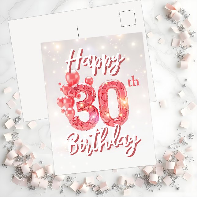 Postal Globos rosados y confeti esparcido 30 cumpleaños (Subido por el creador)