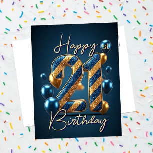 Postal Globos y Franjas Azules y Dorados Cumpleaños 21