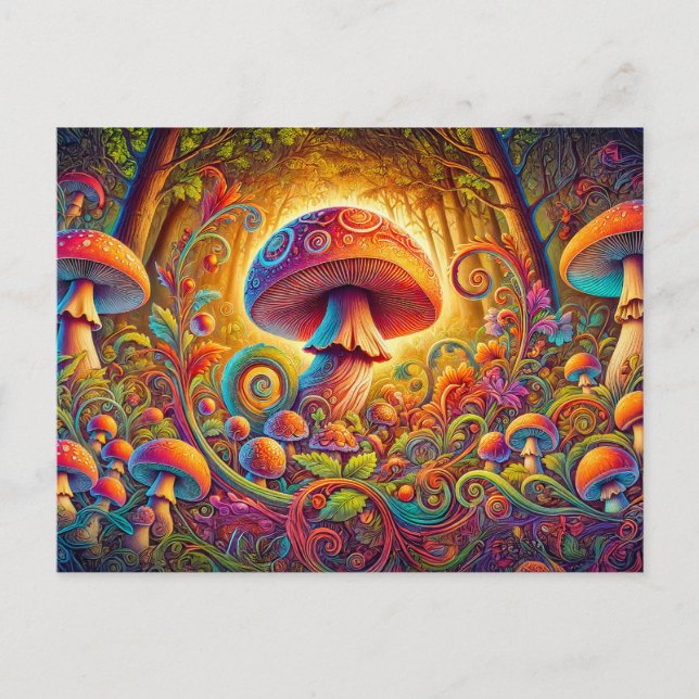 Postal glowing psychedelic mushroom in a magical landscap (Anverso)
