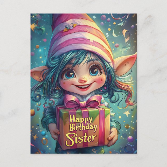 Postal Gnome de cumpleaños – Feliz cumpleaños hermana (Anverso)