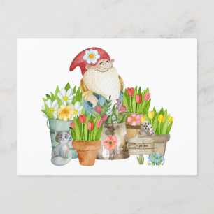 Postal Gnome de jardín con flores y gato