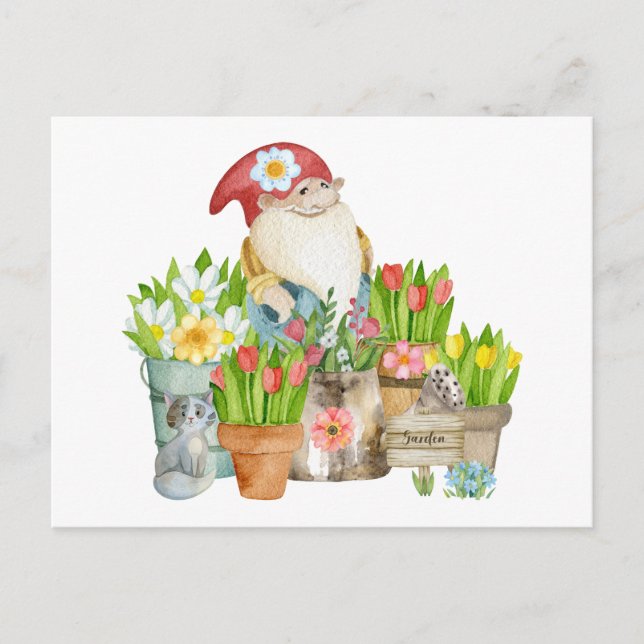 Postal Gnome de jardín con flores y gato (Anverso)