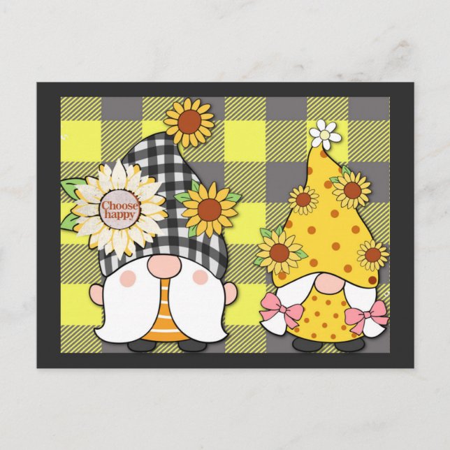 Postal Gnome Sunflower Elegir feliz plato (Anverso)