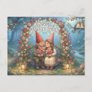 Postal "Gnome Sweet Love" Pareja de Gnomos de Jardín Romá