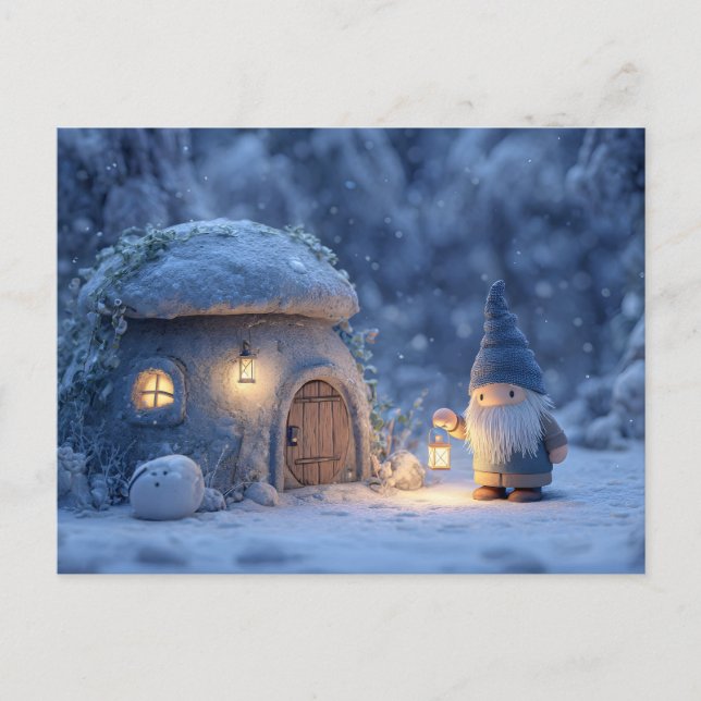 Postal Gnome with a Lantern Outside a Snowy Stone Hut (Anverso)