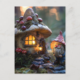 Postal Gnome y una casa de hongos, diseño de fantasía