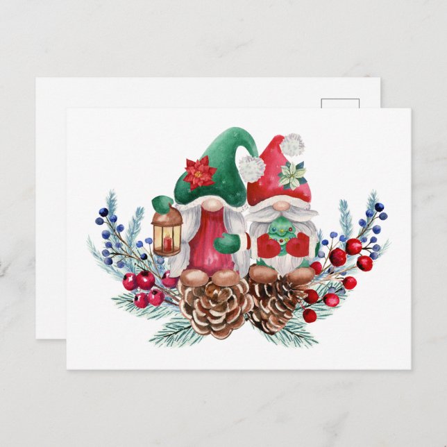 Postal Gnomes de Navidades de acuarela (Anverso / Reverso)