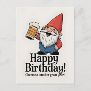 Postal Gnomno de "Feliz Cumpleaños" levantando una Cervez